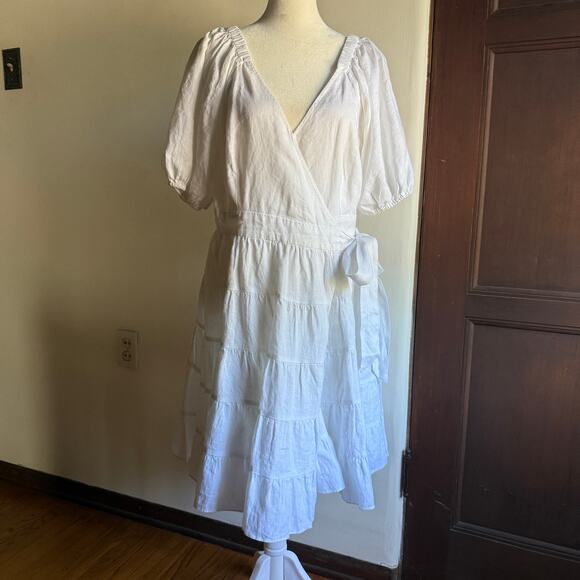 LILLY PULITZER | Iralee White Linen Wrap Tiered Skirt Puff Sleeve Dress | Size 8 - Picture 2 of 9